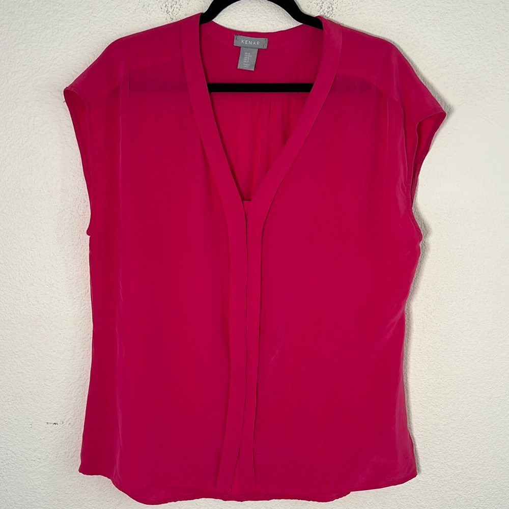 Kenar Hot Pink V-Neck Silk Blouse. Size Medium